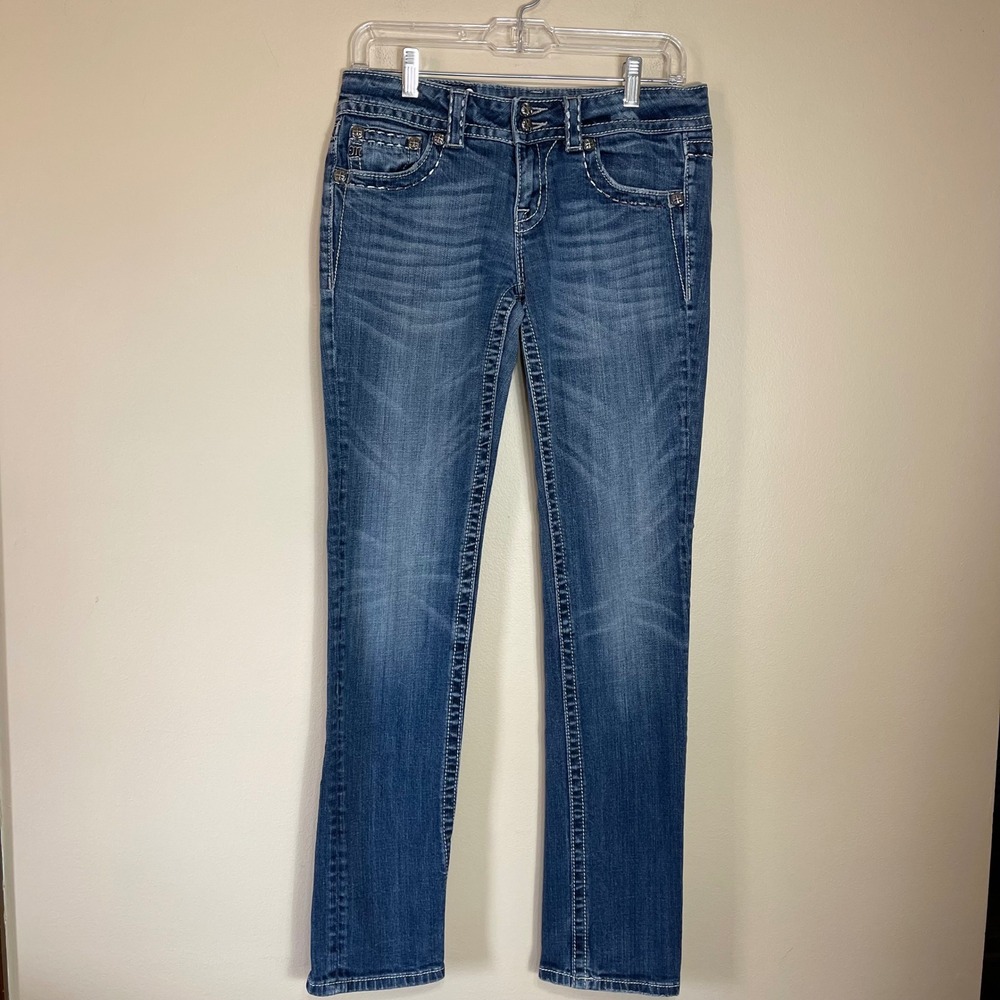 Miss Me Skinny Jeans 29 Medium Wash Rhinestone Wing Flap Pocket JP6003S Low Rise